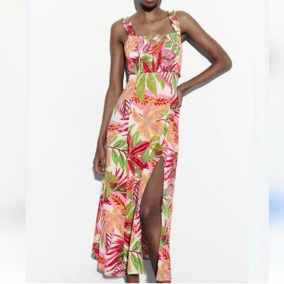 ZARA Tropical Print Smocked Midi Dress with Front Split - Picture 1 of 4